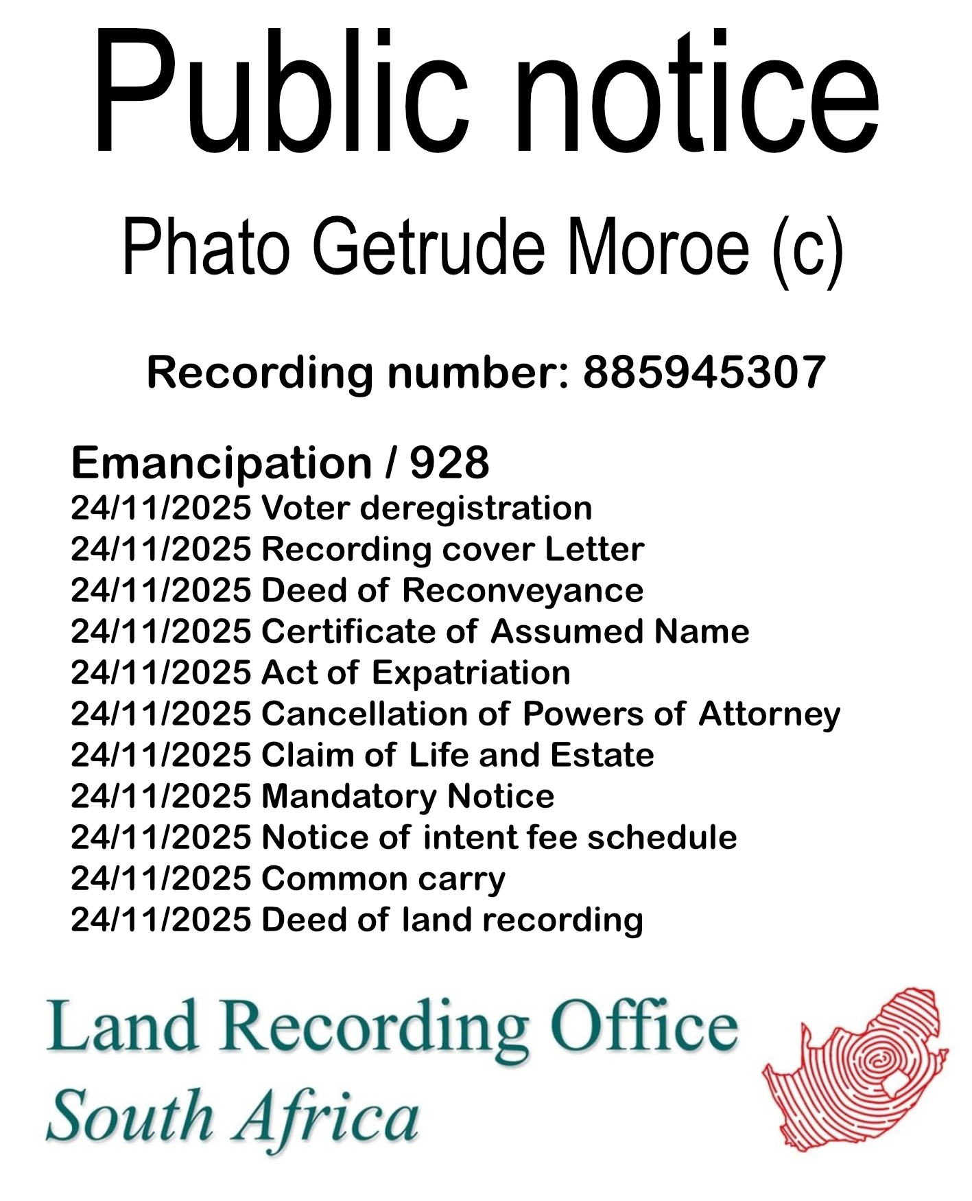 Public notice Phato Getrude Moroe (c) Recording number 885945307